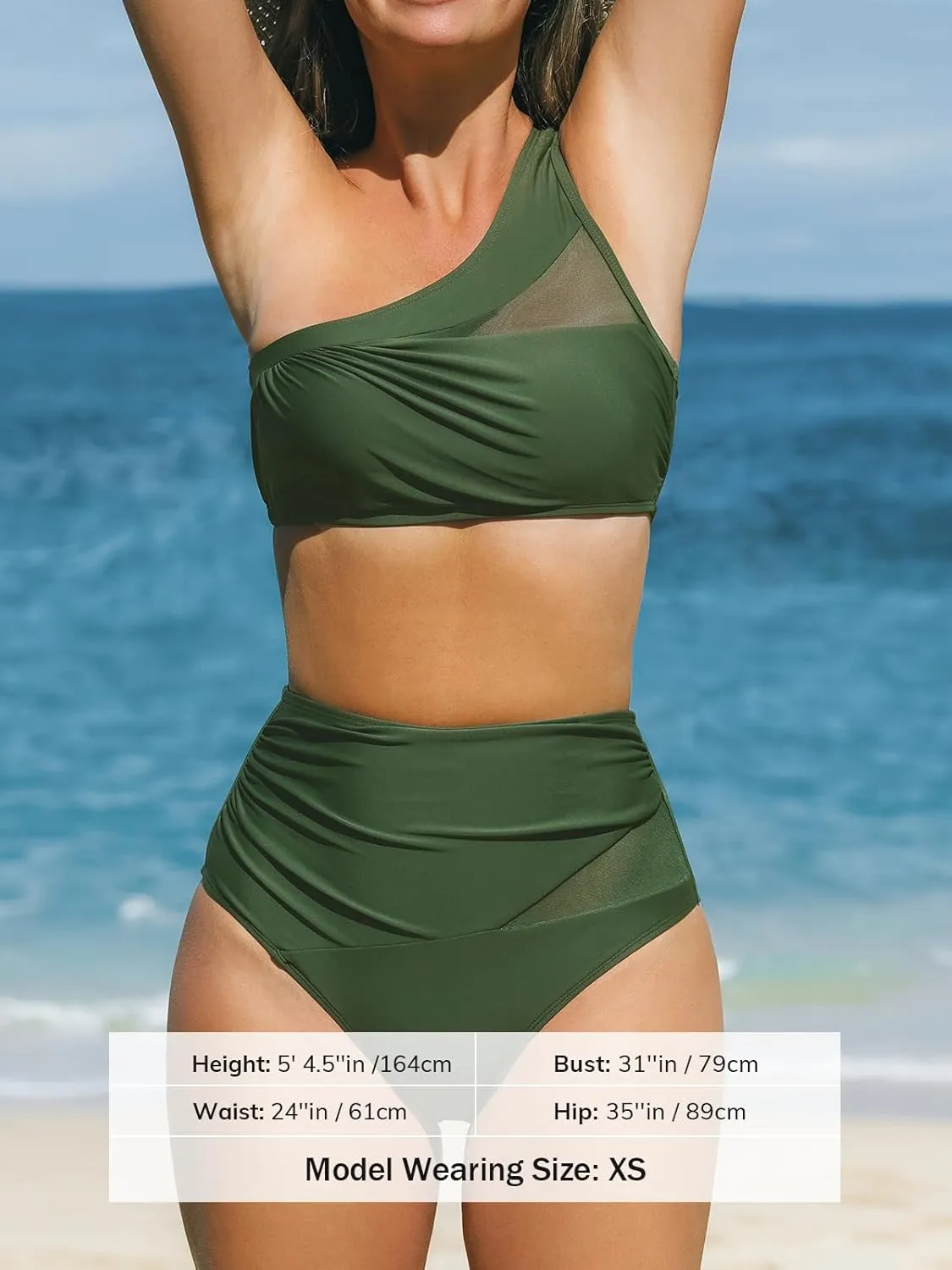 CUPSHE Women's Bikini Sets One Shoulder Two Piece Swimsuit High Waisted Asymmetrical Neck Ruched Cutout Mesh