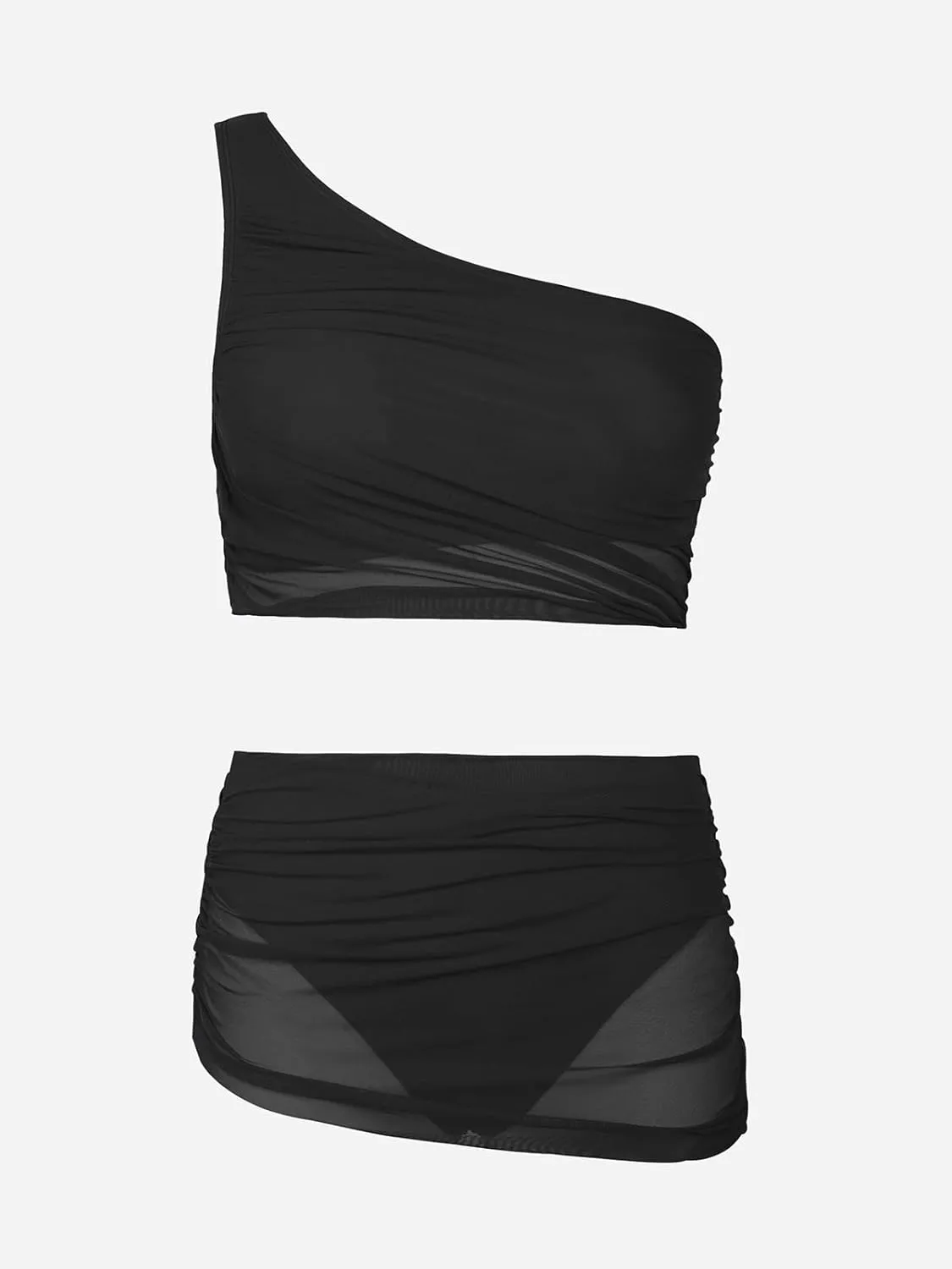 CUPSHE Women's Bikini Sets Two Piece Bathing Suit One Shoulder Ruched Mesh Mid Rise Skirt Bottom Asymmetrical