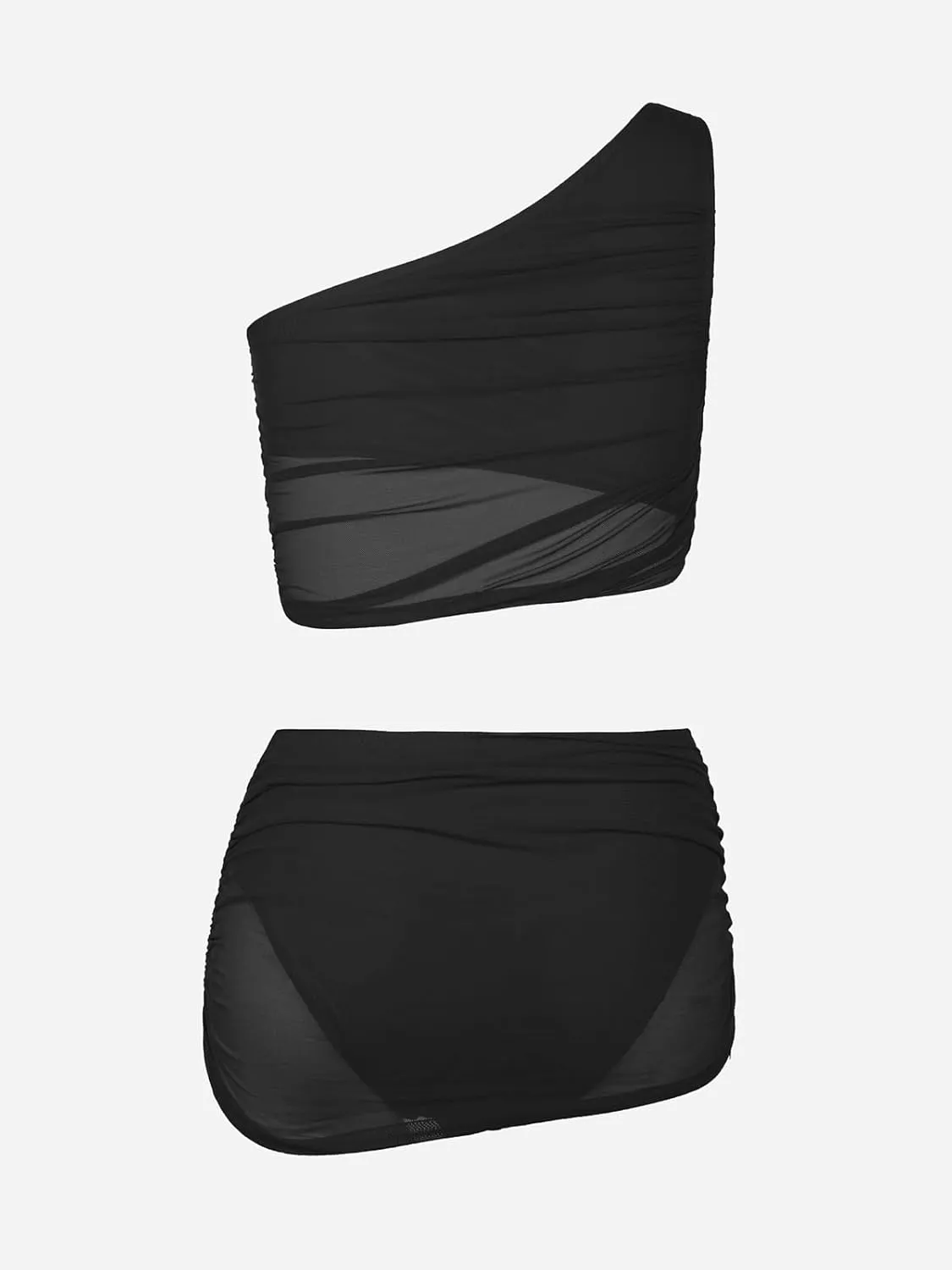CUPSHE Women's Bikini Sets Two Piece Bathing Suit One Shoulder Ruched Mesh Mid Rise Skirt Bottom Asymmetrical