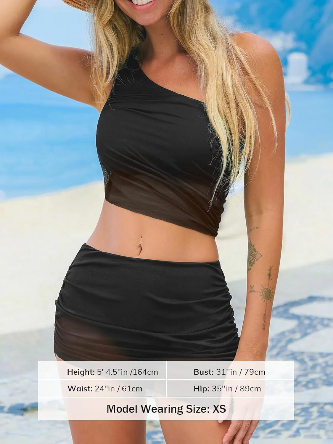 CUPSHE Women's Bikini Sets Two Piece Bathing Suit One Shoulder Ruched Mesh Mid Rise Skirt Bottom Asymmetrical