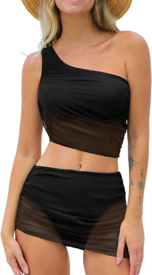 CUPSHE Women's Bikini Sets Two Piece Bathing Suit One Shoulder Ruched Mesh Mid Rise Skirt Bottom Asymmetrical