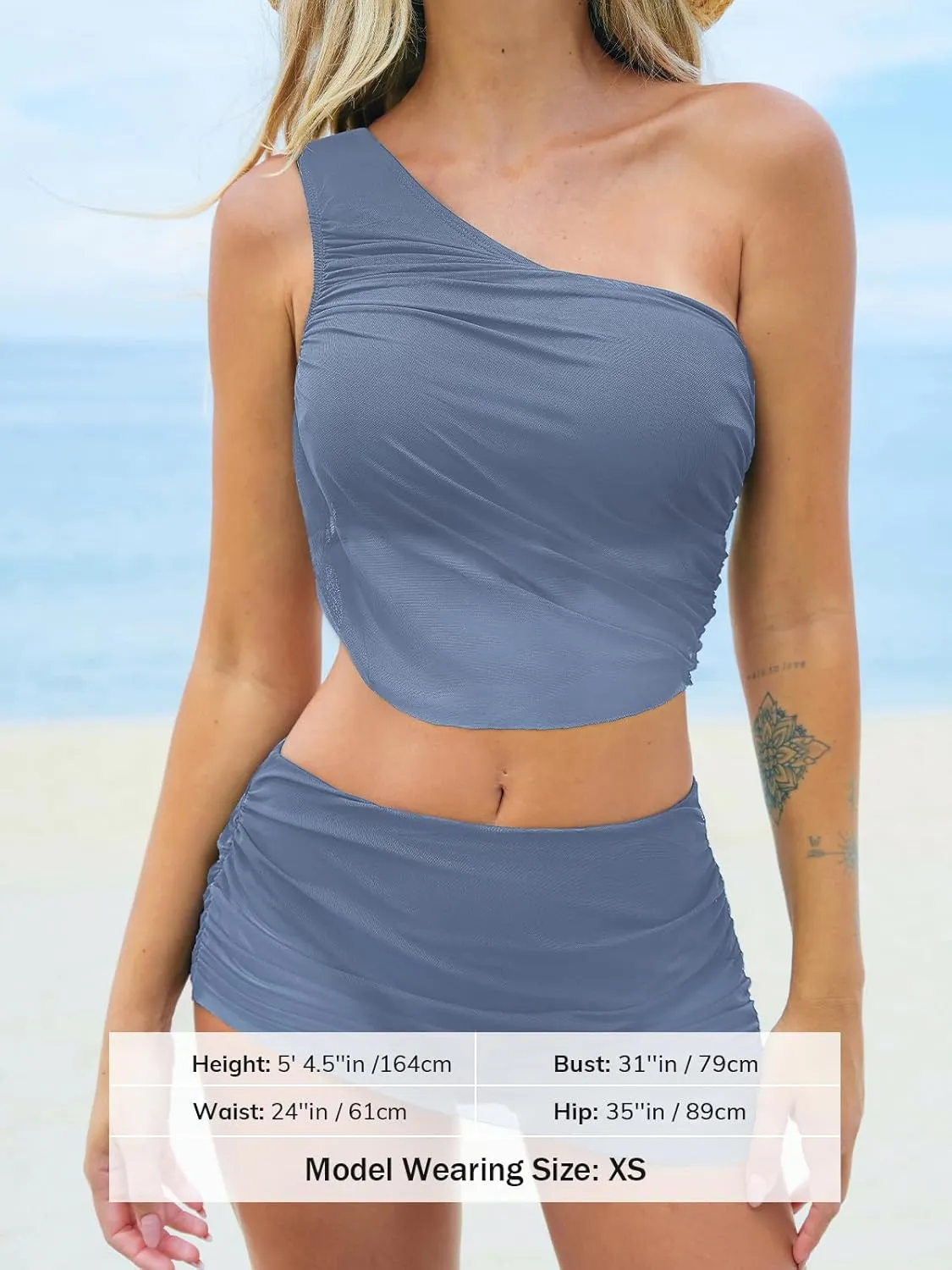 CUPSHE Women's Bikini Sets Two Piece Bathing Suit One Shoulder Ruched Mesh Mid Rise Skirt Bottom Asymmetrical