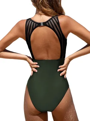 CUPSHE Women's One Piece Swimsuit Bathing Suit Tummy Control High Neck Cutout Back Hook Mesh Swimwear
