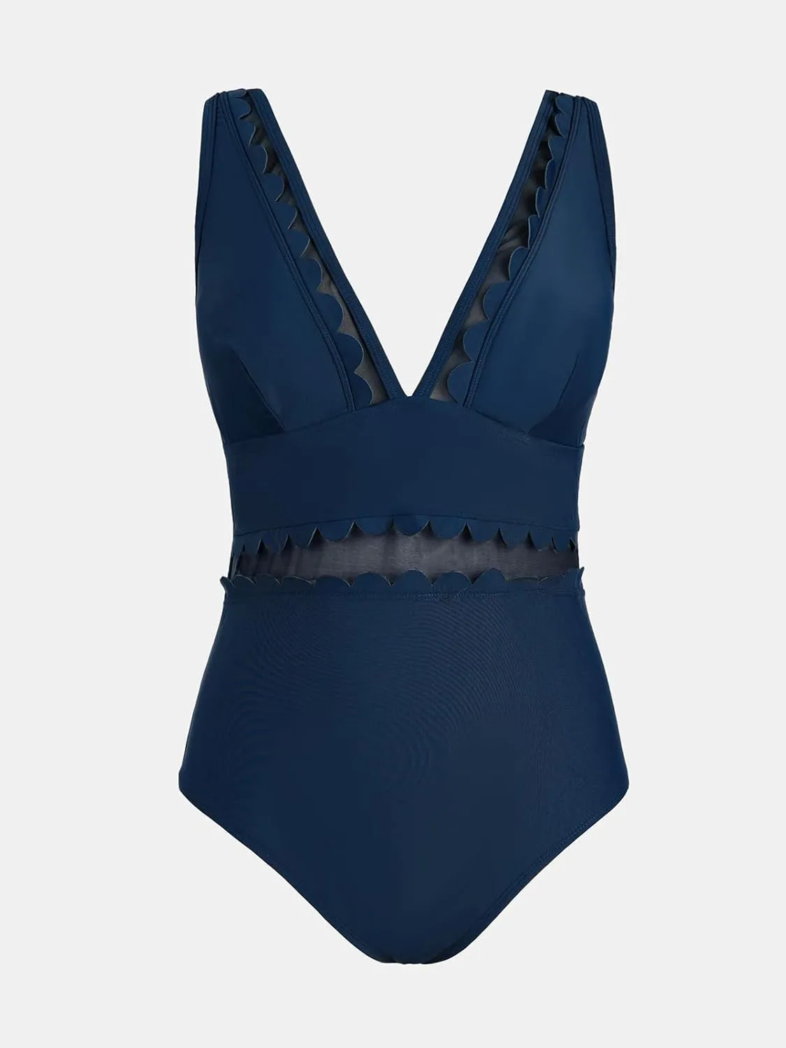 CUPSHE Women's Plus Size One Piece Swimsuit V Neck Mesh Scalloped Bathing Suit Adjustable Straps