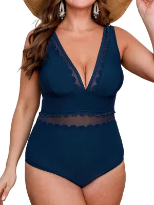 CUPSHE Women's Plus Size One Piece Swimsuit V Neck Mesh Scalloped Bathing Suit Adjustable Straps