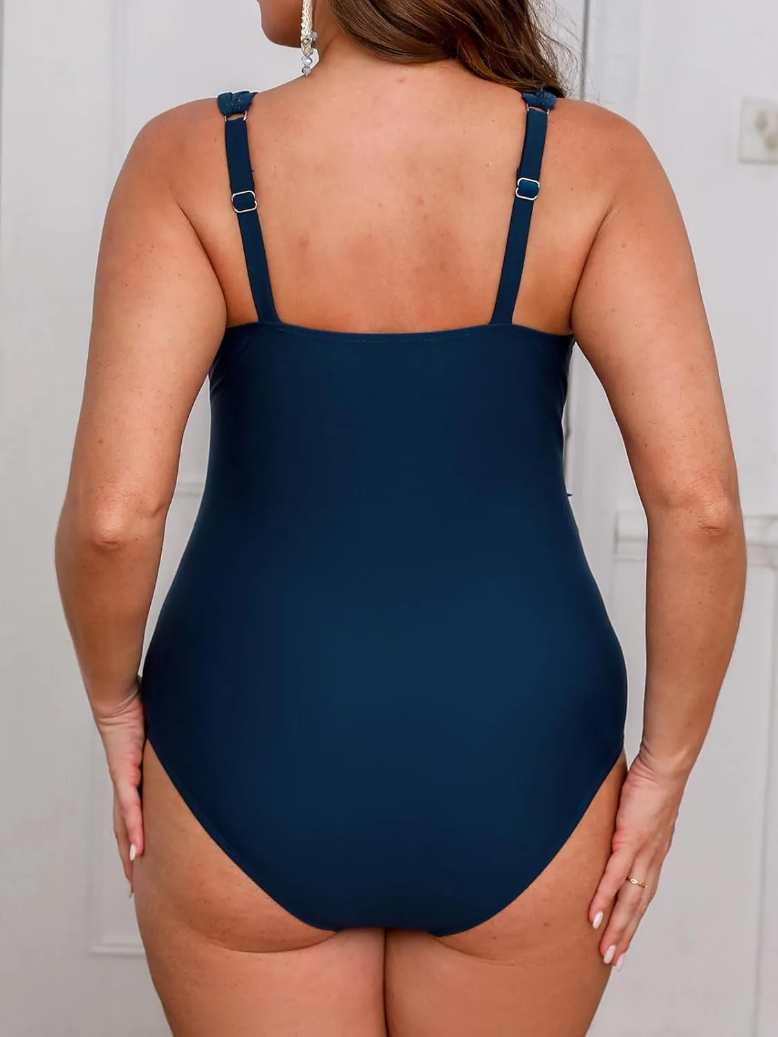 CUPSHE Women's Plus Size One Piece Swimsuit V Neck Mesh Scalloped Bathing Suit Adjustable Straps