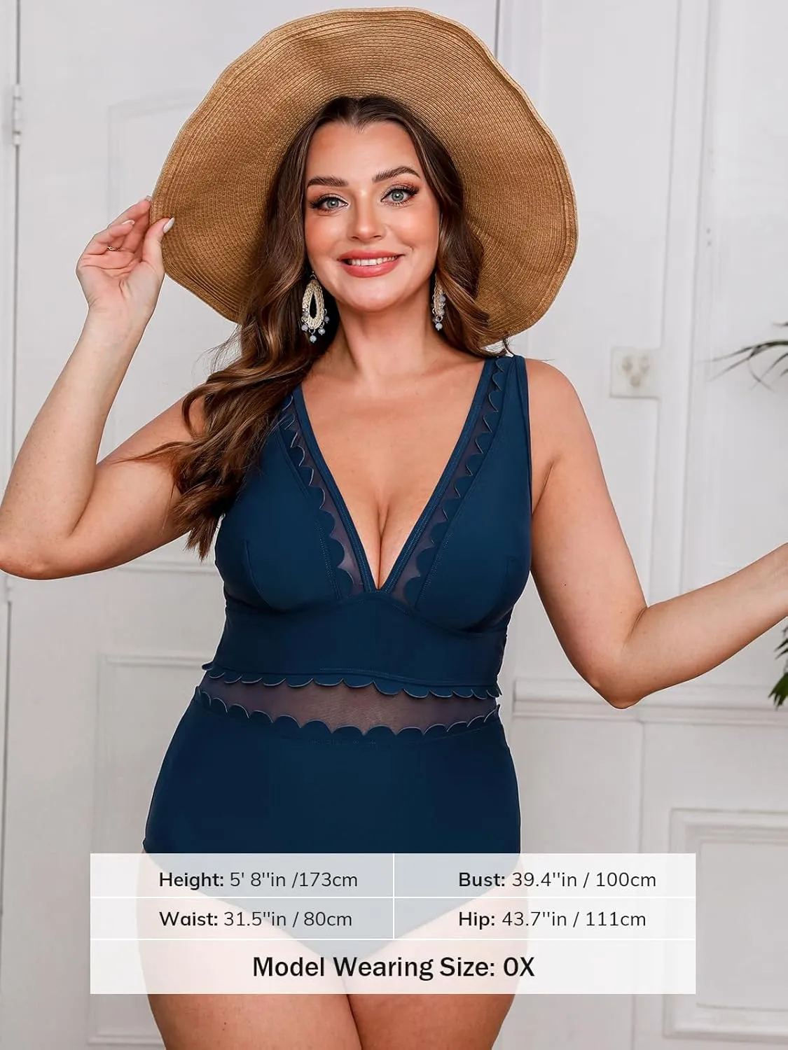 CUPSHE Women's Plus Size One Piece Swimsuit V Neck Mesh Scalloped Bathing Suit Adjustable Straps