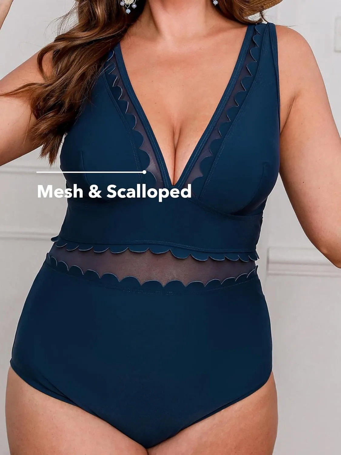 CUPSHE Women's Plus Size One Piece Swimsuit V Neck Mesh Scalloped Bathing Suit Adjustable Straps