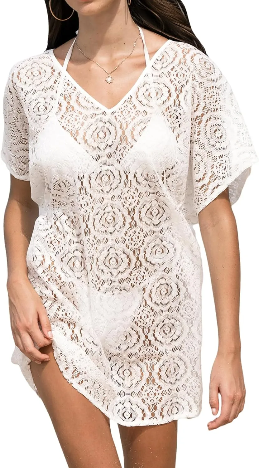 CUPSHE Womens Swimsuit Beach Cutout Cover Ups Summer Bathing Suit Swimwear V Neck Mesh Knit Mini Dress