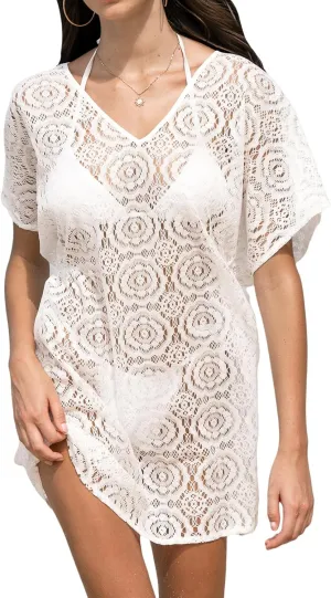 CUPSHE Womens Swimsuit Beach Cutout Cover Ups Summer Bathing Suit Swimwear V Neck Mesh Knit Mini Dress