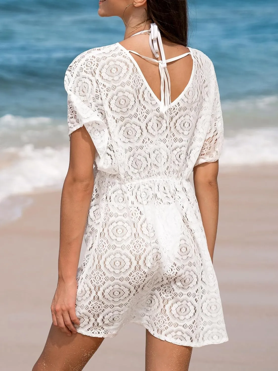 CUPSHE Womens Swimsuit Beach Cutout Cover Ups Summer Bathing Suit Swimwear V Neck Mesh Knit Mini Dress