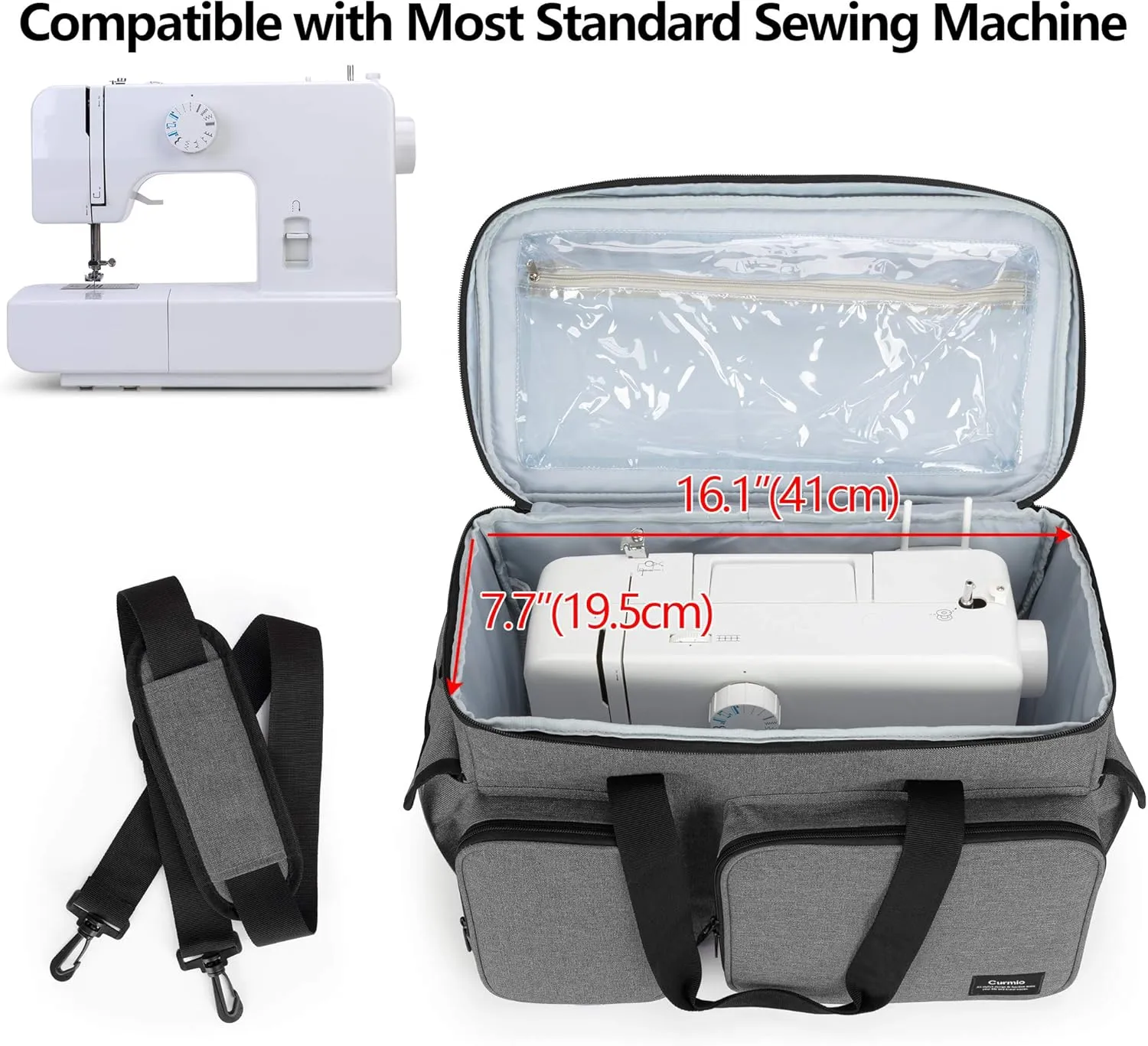 CURMIO Sewing Machine Case, Universal Travel Bag Compatible for Singer, Brother, Janome and most standard sewing machines, Gray(Bag Only)