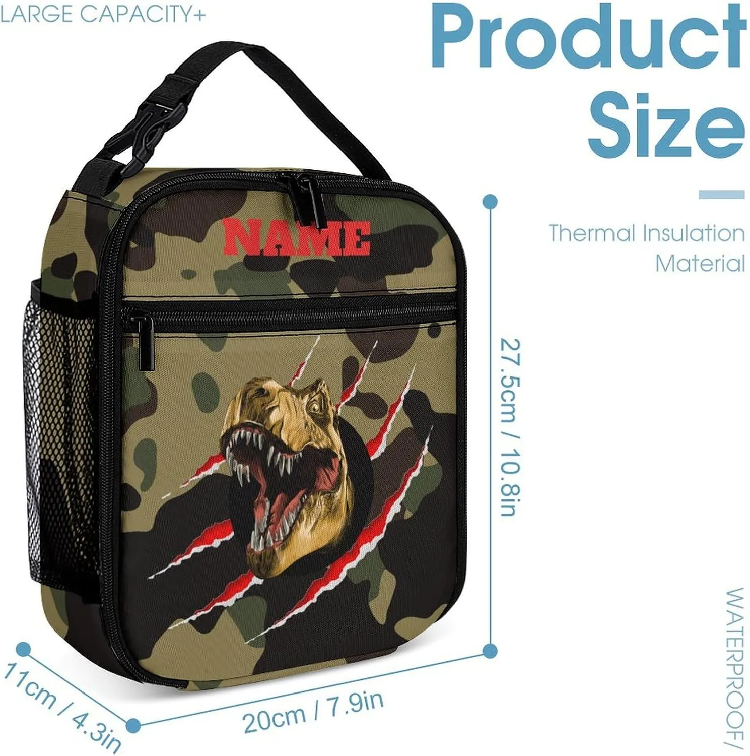 Custom 3Pcs Backpack Set with Lunch Bag Pencil Case Add Your Name Personalized School Book Bags Customization Camouflage Dinosaur T-rex Backpack for Girls Boys Teens