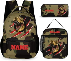 Custom 3Pcs Backpack Set with Lunch Bag Pencil Case Add Your Name Personalized School Book Bags Customization Camouflage Dinosaur T-rex Backpack for Girls Boys Teens