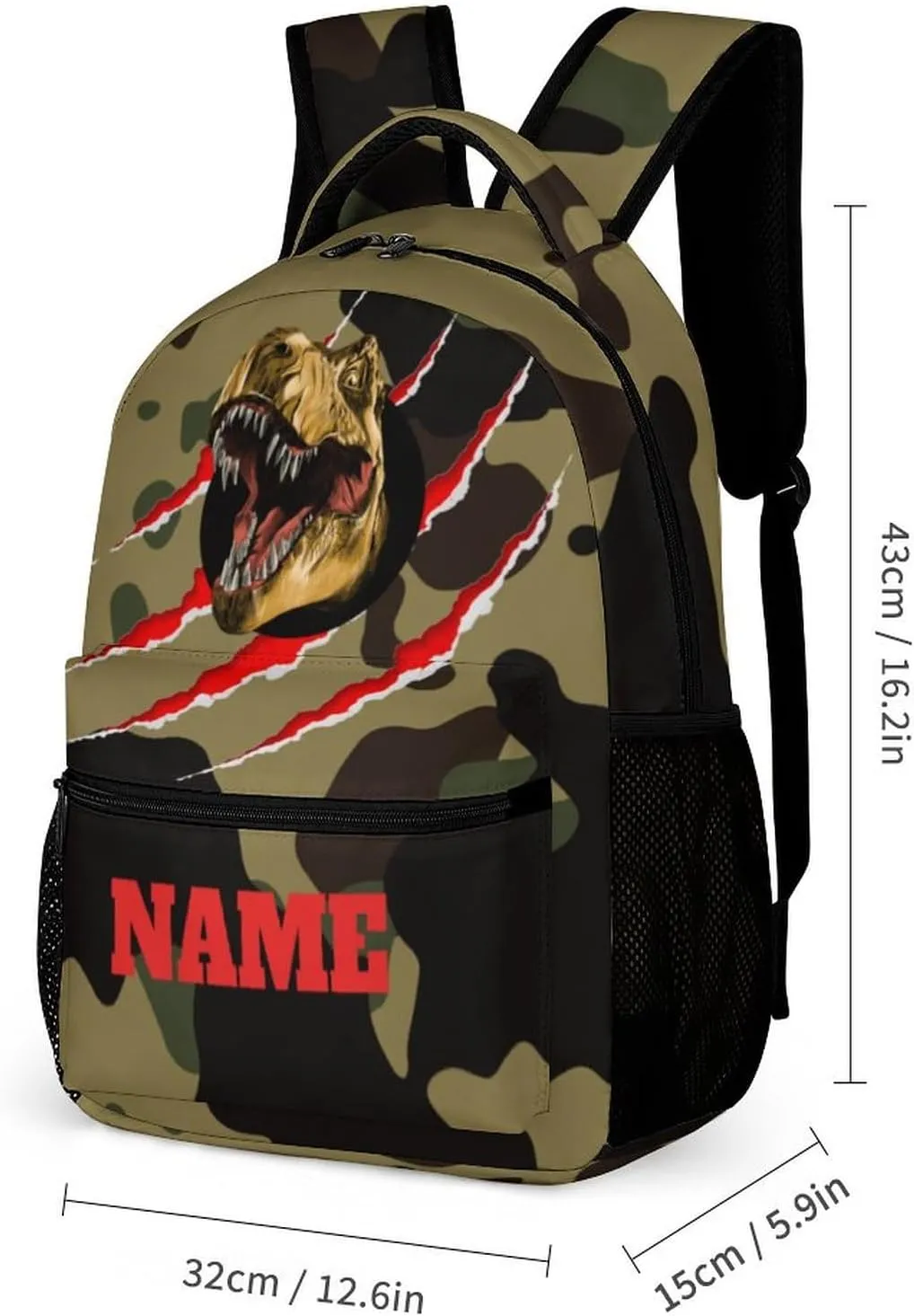 Custom 3Pcs Backpack Set with Lunch Bag Pencil Case Add Your Name Personalized School Book Bags Customization Camouflage Dinosaur T-rex Backpack for Girls Boys Teens