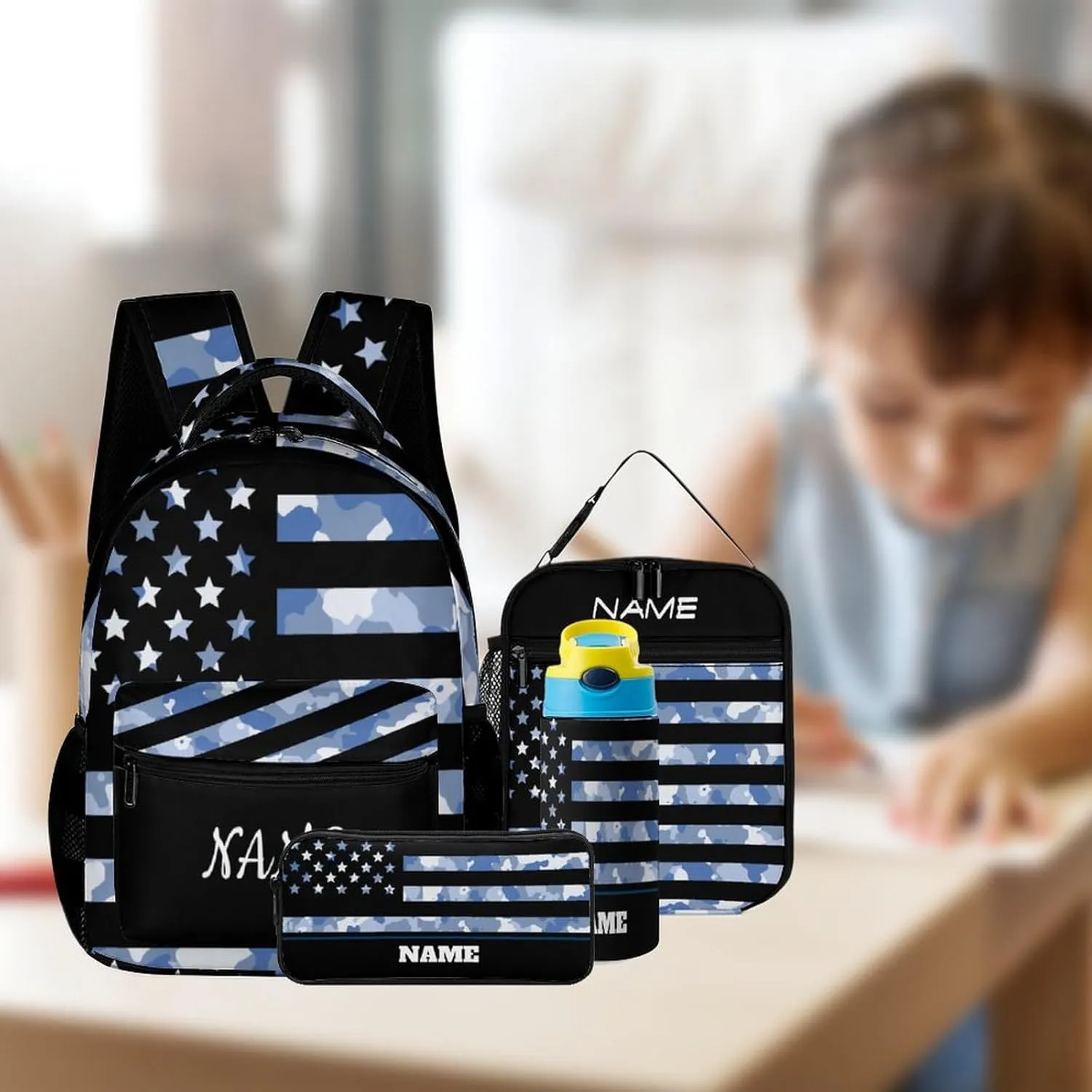 Custom 4Pcs Backpack Set with Lunch Bag Pencil Case Kids Water Bottle Add Your Name Personalized School Book Bags Customization Camouflage American Flag Backpack for Girls Boys