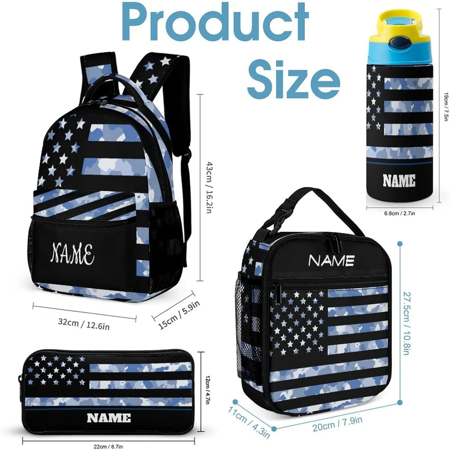 Custom 4Pcs Backpack Set with Lunch Bag Pencil Case Kids Water Bottle Add Your Name Personalized School Book Bags Customization Camouflage American Flag Backpack for Girls Boys