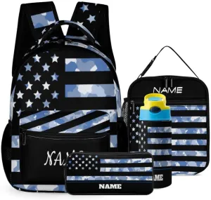 Custom 4Pcs Backpack Set with Lunch Bag Pencil Case Kids Water Bottle Add Your Name Personalized School Book Bags Customization Camouflage American Flag Backpack for Girls Boys