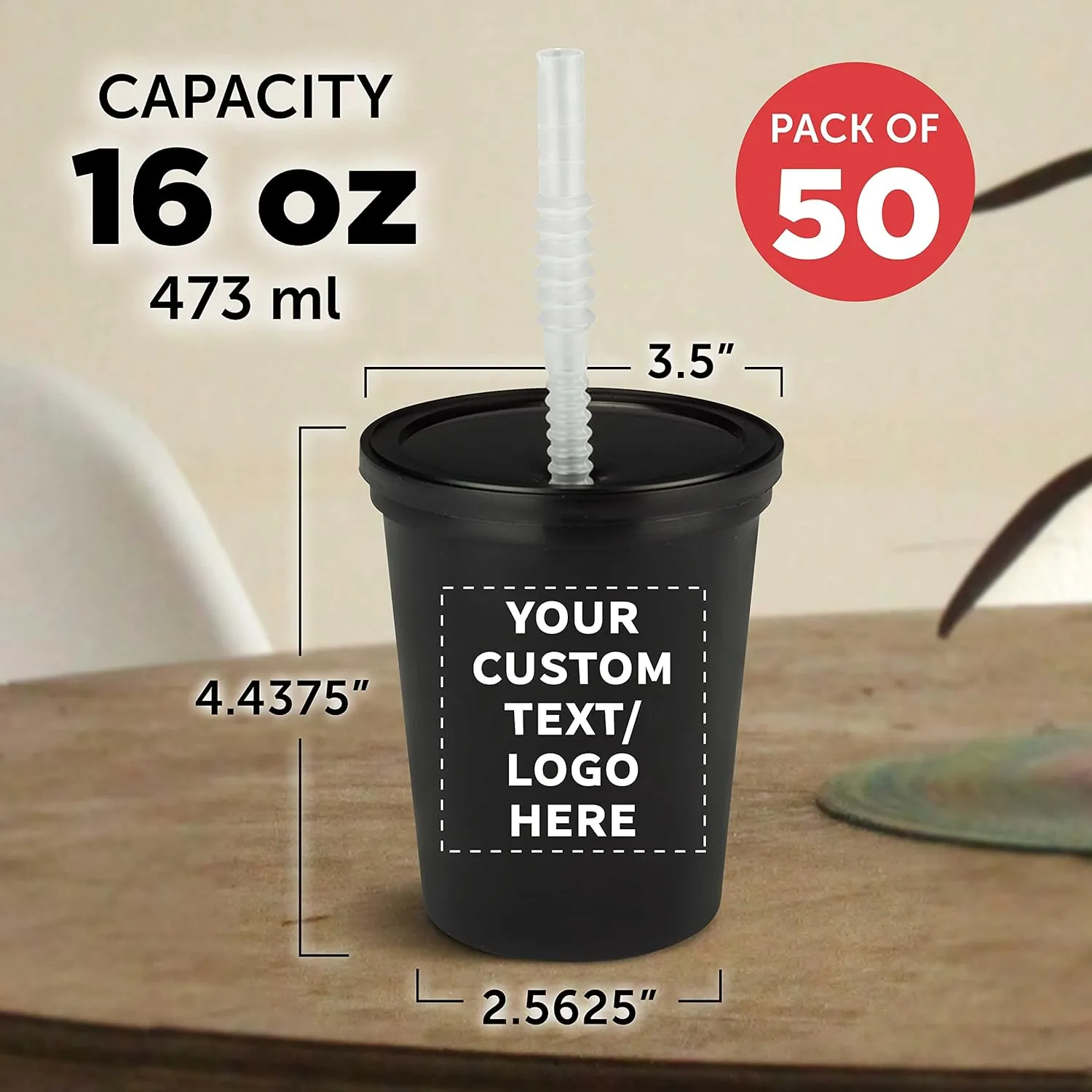 Custom Reusable Plastic Cups with Lid and Straw 16 oz. Set of 50, Personalized Bulk Pack - Perfect for Birthdays, Weddings, Picnic, Beach, Parties - Black