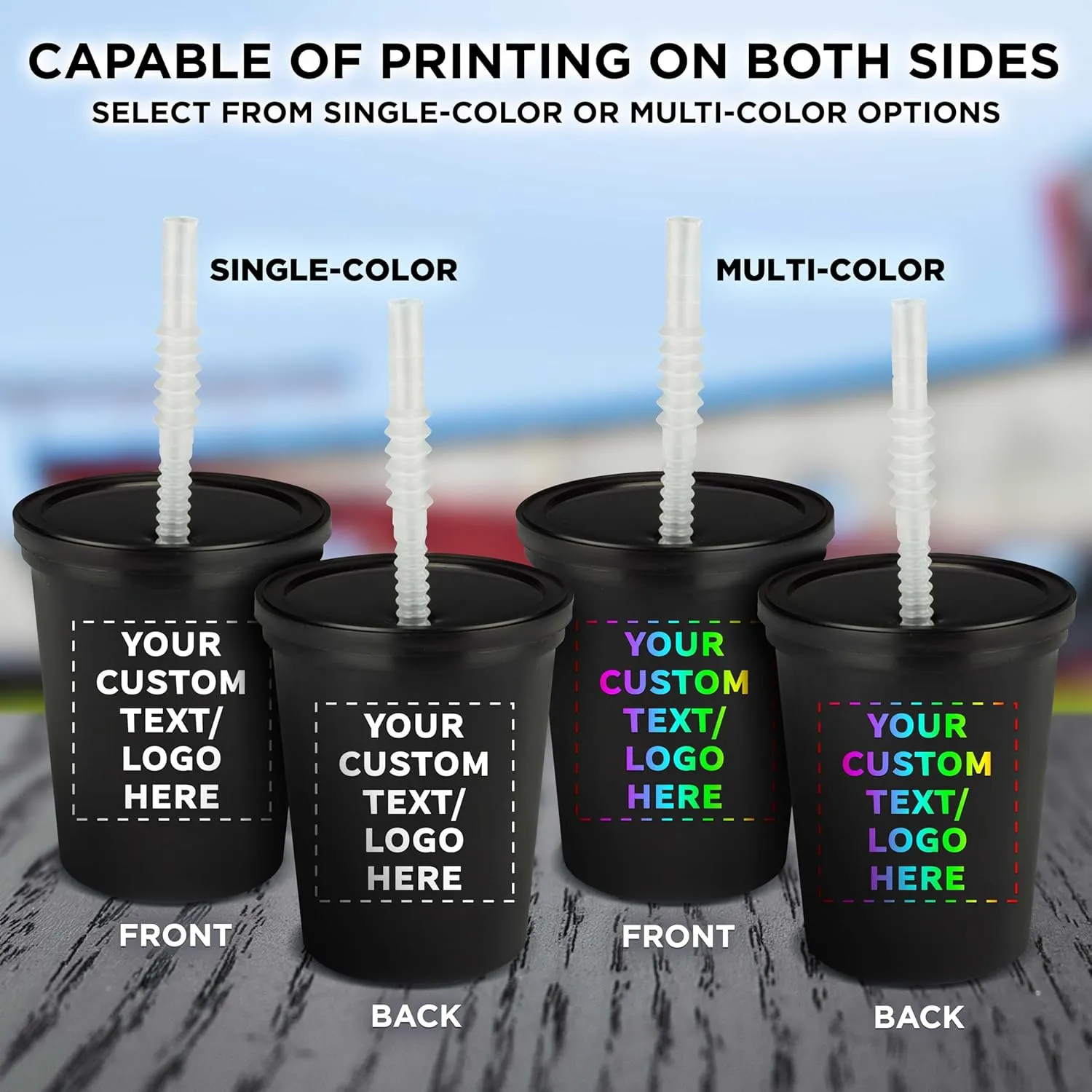 Custom Reusable Plastic Cups with Lid and Straw 16 oz. Set of 50, Personalized Bulk Pack - Perfect for Birthdays, Weddings, Picnic, Beach, Parties - Black