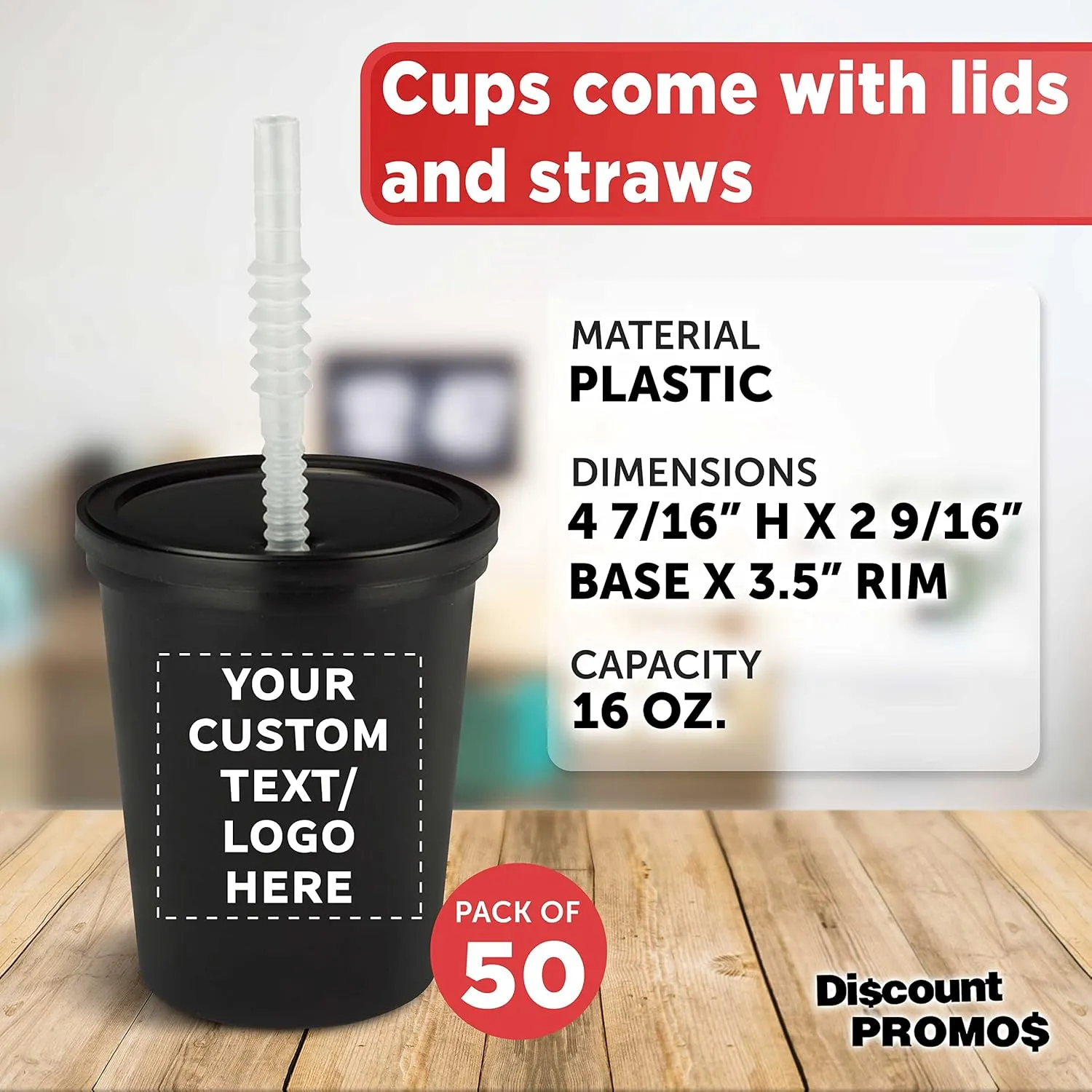 Custom Reusable Plastic Cups with Lid and Straw 16 oz. Set of 50, Personalized Bulk Pack - Perfect for Birthdays, Weddings, Picnic, Beach, Parties - Black
