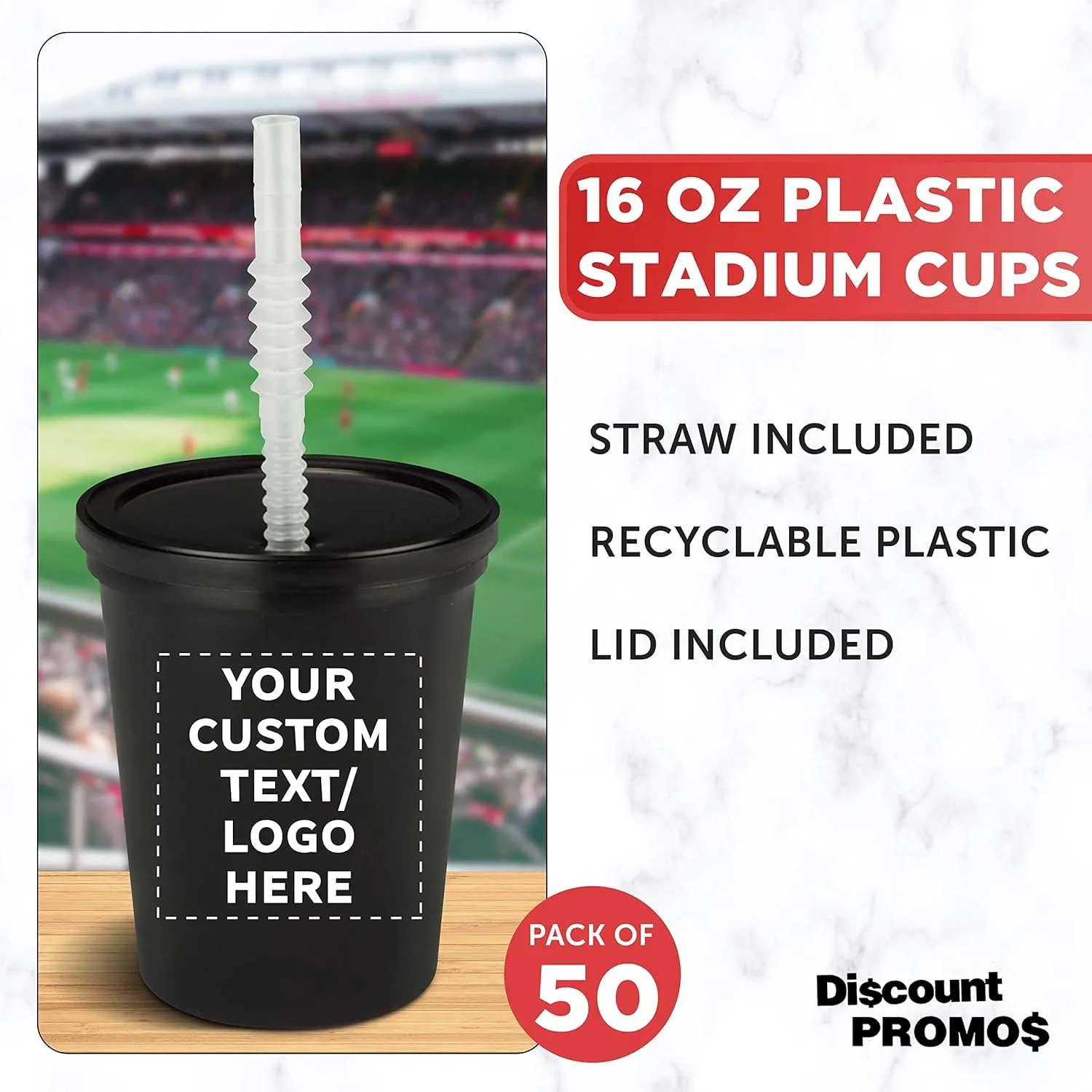Custom Reusable Plastic Cups with Lid and Straw 16 oz. Set of 50, Personalized Bulk Pack - Perfect for Birthdays, Weddings, Picnic, Beach, Parties - Black