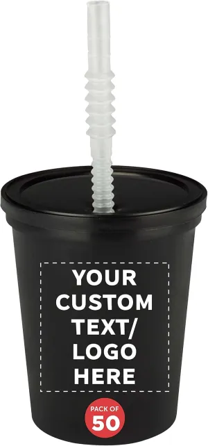 Custom Reusable Plastic Cups with Lid and Straw 16 oz. Set of 50, Personalized Bulk Pack - Perfect for Birthdays, Weddings, Picnic, Beach, Parties - Black