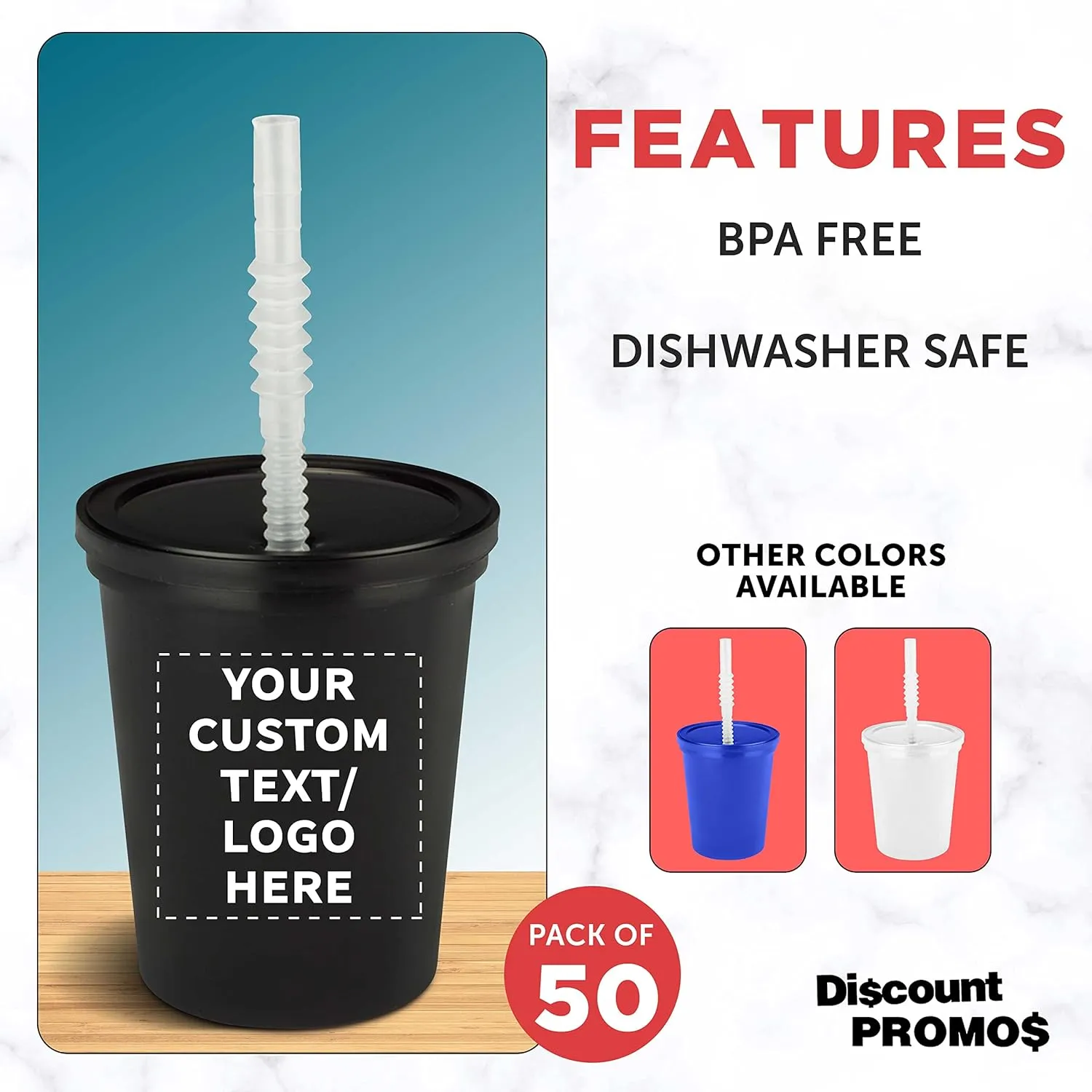 Custom Reusable Plastic Cups with Lid and Straw 16 oz. Set of 50, Personalized Bulk Pack - Perfect for Birthdays, Weddings, Picnic, Beach, Parties - Black