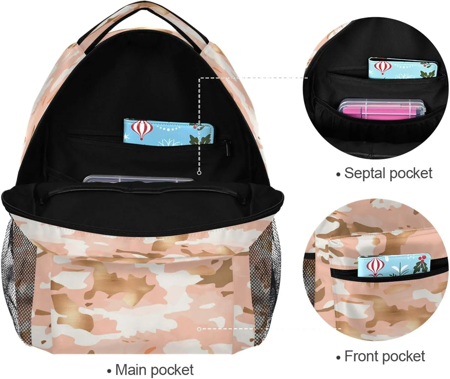 Cute Backpack for Women Men Waterproof Carry On Backpacks with Chest Strap for College Work Camouflage Rose Gold
