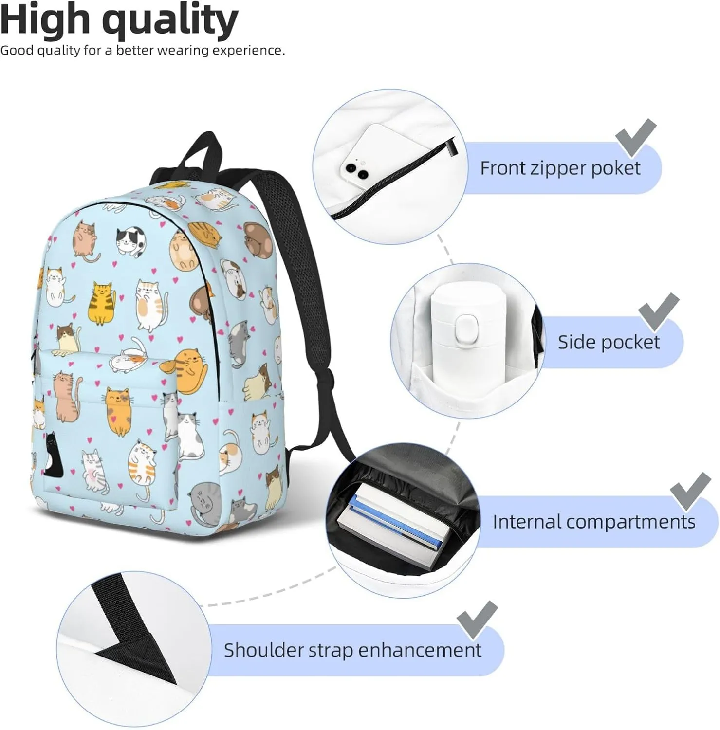 Cute Cat Backpack Laptop Bag Durable Canvas Capacity Large Cute Backpacks Travel Bag