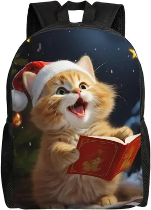Cute Cat Sing Christmas Carols Backpack for Men Women College Backpack Laptop Bag Casual Daypack Hiking Travel Bag