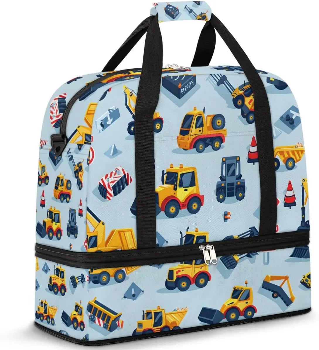 Cute Engineering Vehicle Travel Duffel Bag for Women Men Weekender Overnight Bag with Shoe Compartment Foldable Sports Gym Luggage Bag