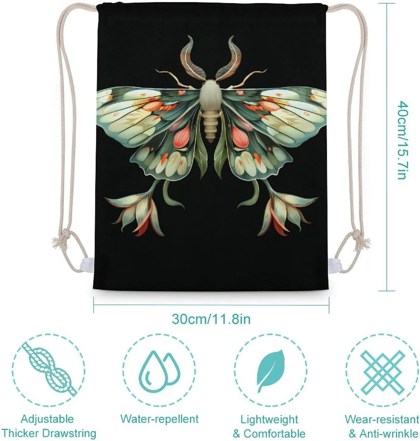 Cute Moth Beautiful Butterfly Insect Drawstring Backpack Canvas Double Shoulder Bag String Bag Sports Gym Bag for Men Women 30x40cm