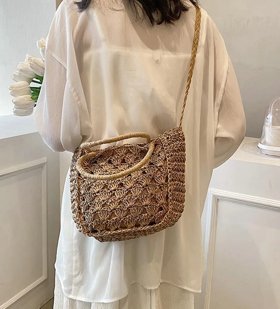 Cute Straw Bags Hobo for Women Straw Tote Shoulder Summer Beach Rattan Crossbody Bag Woven Hobo Basket Purse