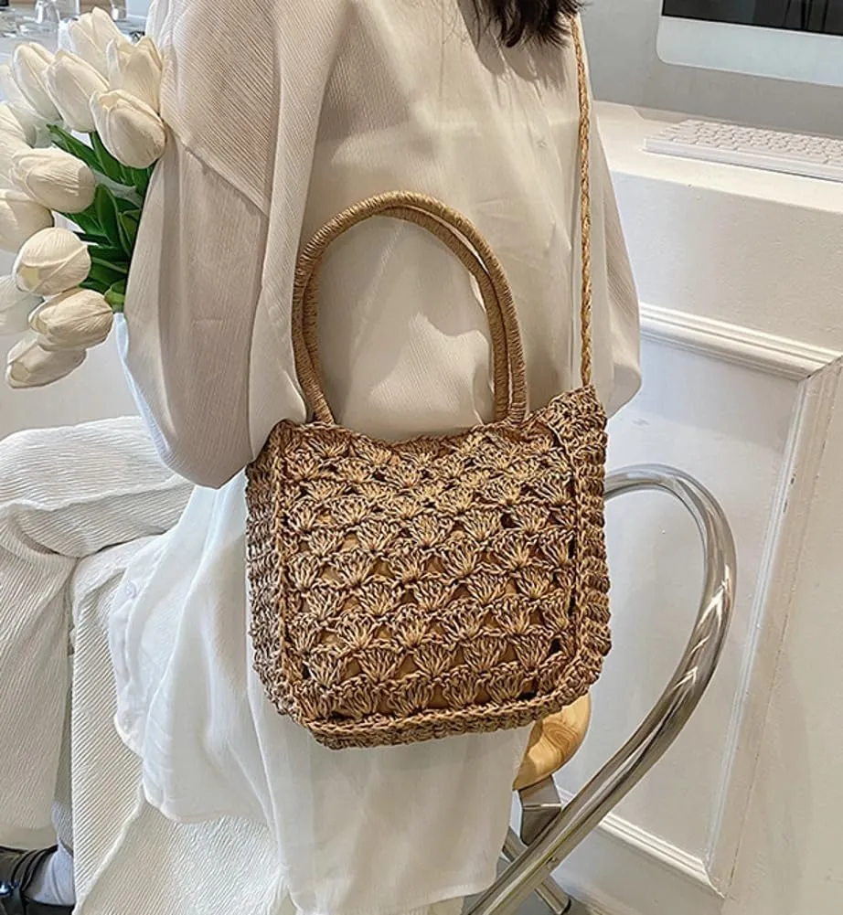 Cute Straw Bags Hobo for Women Straw Tote Shoulder Summer Beach Rattan Crossbody Bag Woven Hobo Basket Purse