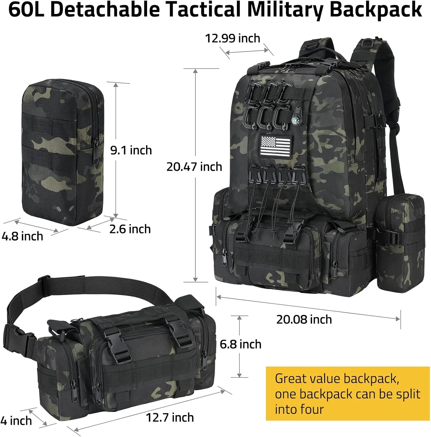 CVLIFE 60L Tactical Backpack for Men Women Military Large Army Rucksack With D-Ring Molle Clips Compass Accessories 3 Day Bug Out Survival Molle Bag Hiking Camping Gym Daypack Backpacks, Black CP