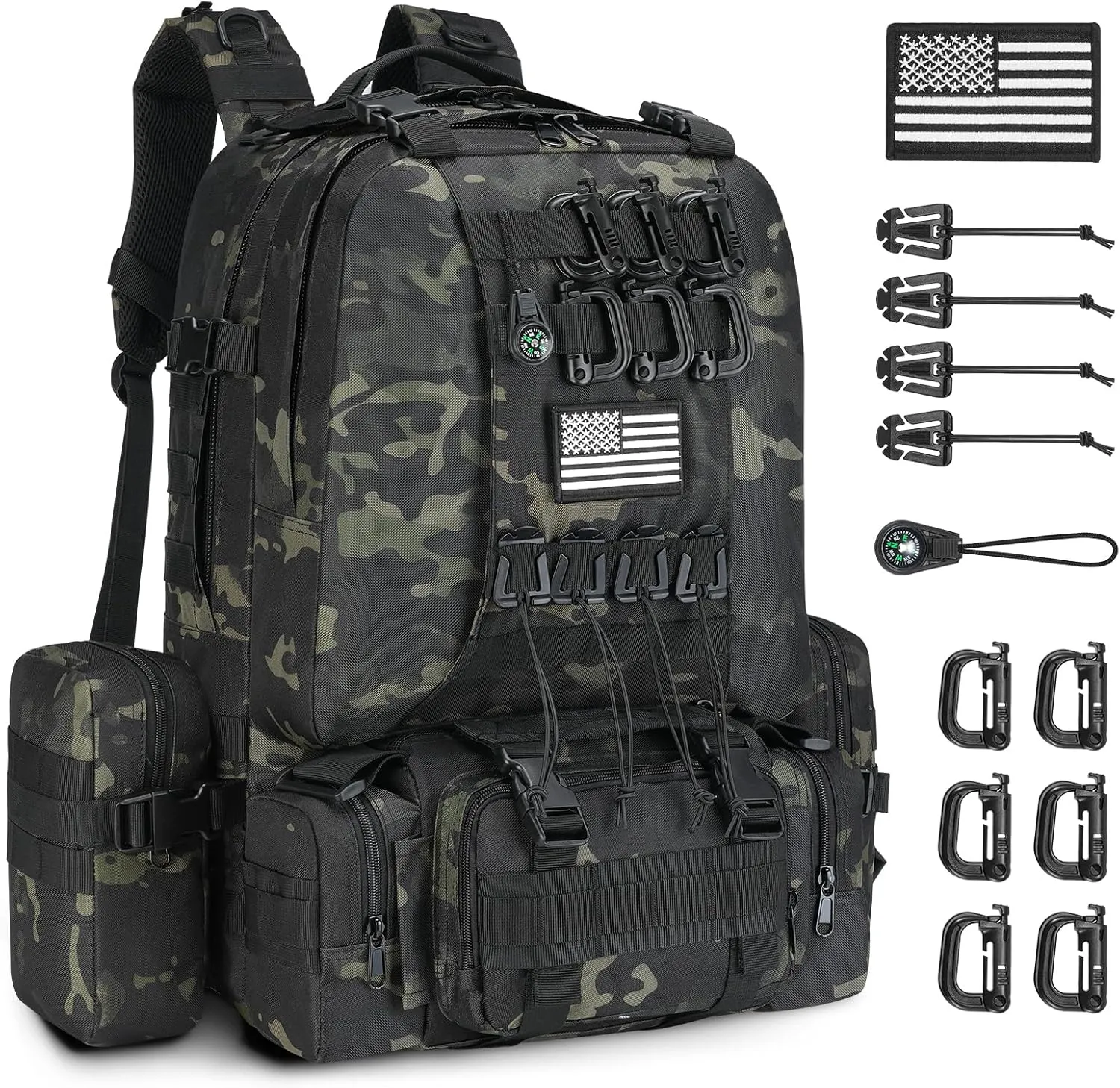 CVLIFE 60L Tactical Backpack for Men Women Military Large Army Rucksack With D-Ring Molle Clips Compass Accessories 3 Day Bug Out Survival Molle Bag Hiking Camping Gym Daypack Backpacks, Black CP