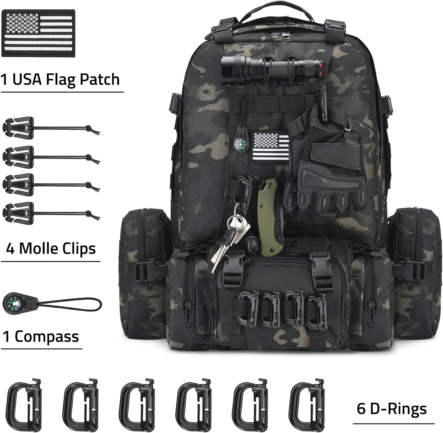 CVLIFE 60L Tactical Backpack for Men Women Military Large Army Rucksack With D-Ring Molle Clips Compass Accessories 3 Day Bug Out Survival Molle Bag Hiking Camping Gym Daypack Backpacks, Black CP