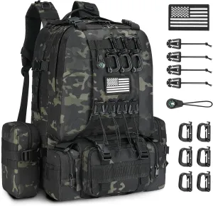 CVLIFE 60L Tactical Backpack for Men Women Military Large Army Rucksack With D-Ring Molle Clips Compass Accessories 3 Day Bug Out Survival Molle Bag Hiking Camping Gym Daypack Backpacks, Black CP