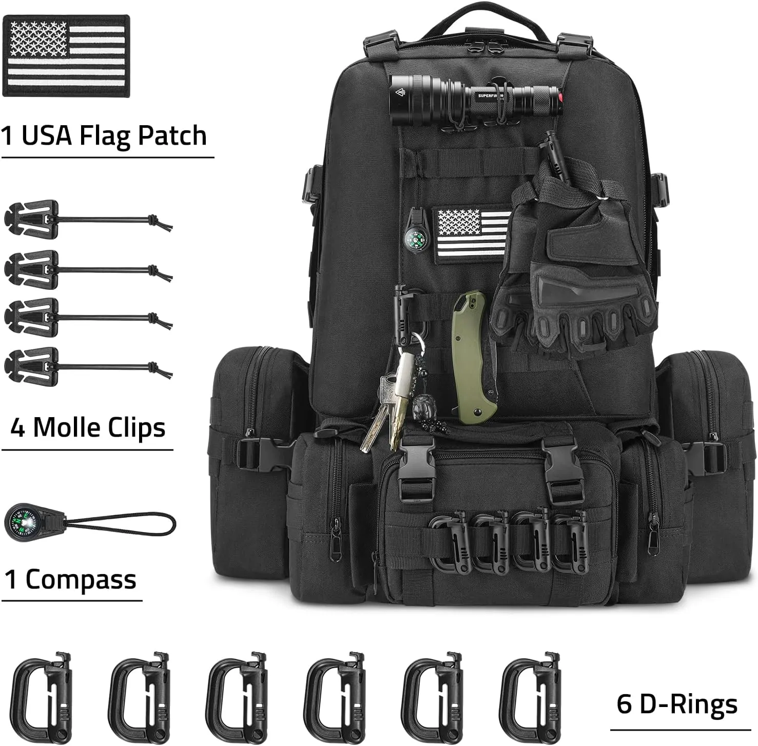 CVLIFE 60L Tactical Backpack for Men Women Military Large Army Rucksack With D-Ring Molle Clips Compass Accessories 3 Day Bug Out Survival Molle Bag Hiking Camping Gym Daypack Backpacks,Black