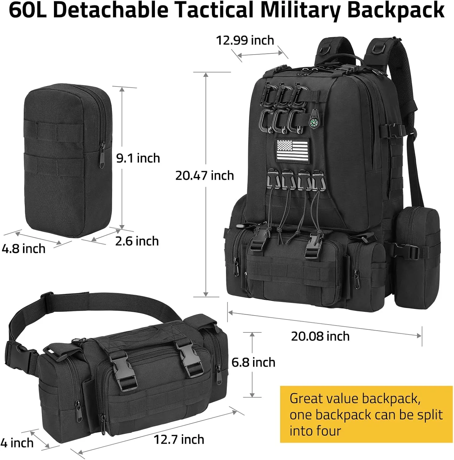 CVLIFE 60L Tactical Backpack for Men Women Military Large Army Rucksack With D-Ring Molle Clips Compass Accessories 3 Day Bug Out Survival Molle Bag Hiking Camping Gym Daypack Backpacks,Black