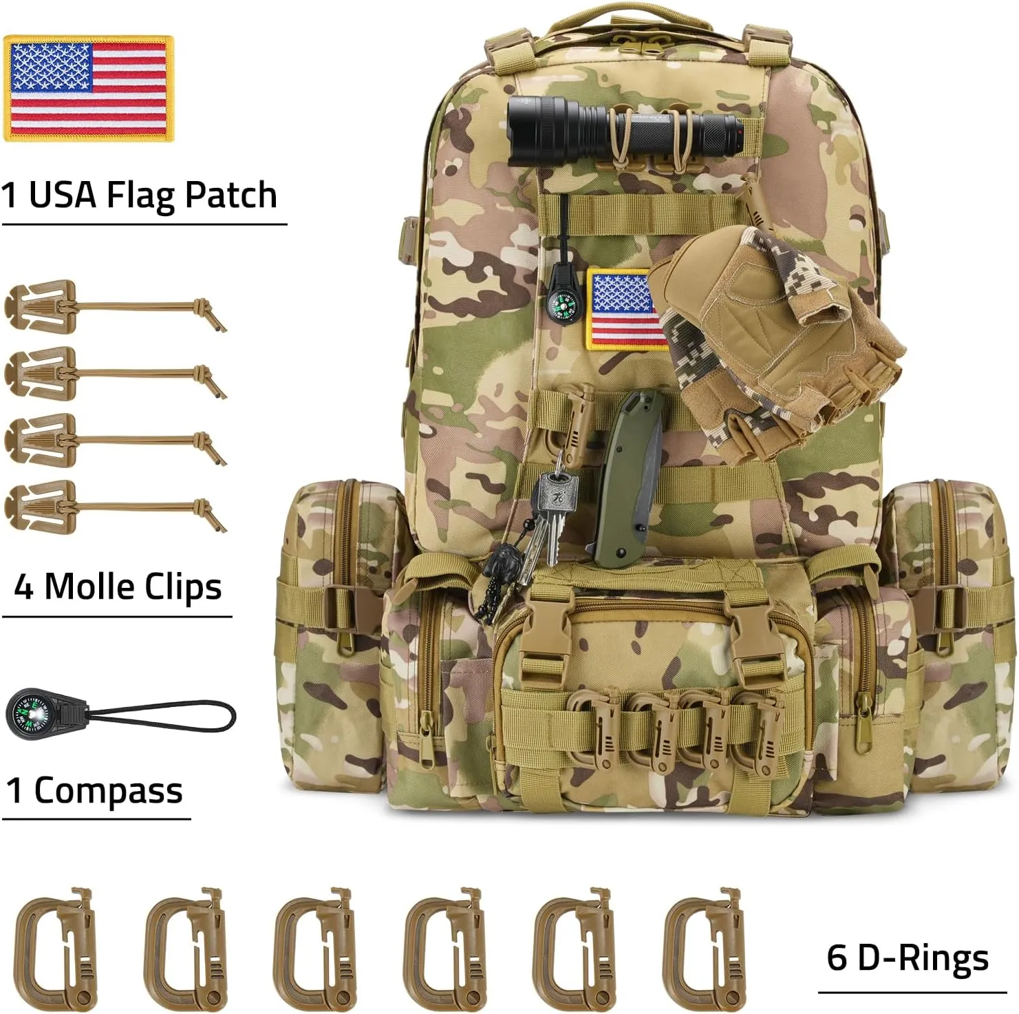 CVLIFE 60L Tactical Backpack for Men Women Military Large Army Rucksack With D-Ring Molle Clips Compass Accessories 3 Day Bug Out Survival Molle Bag Hiking Camping Gym Daypack Backpacks,CP