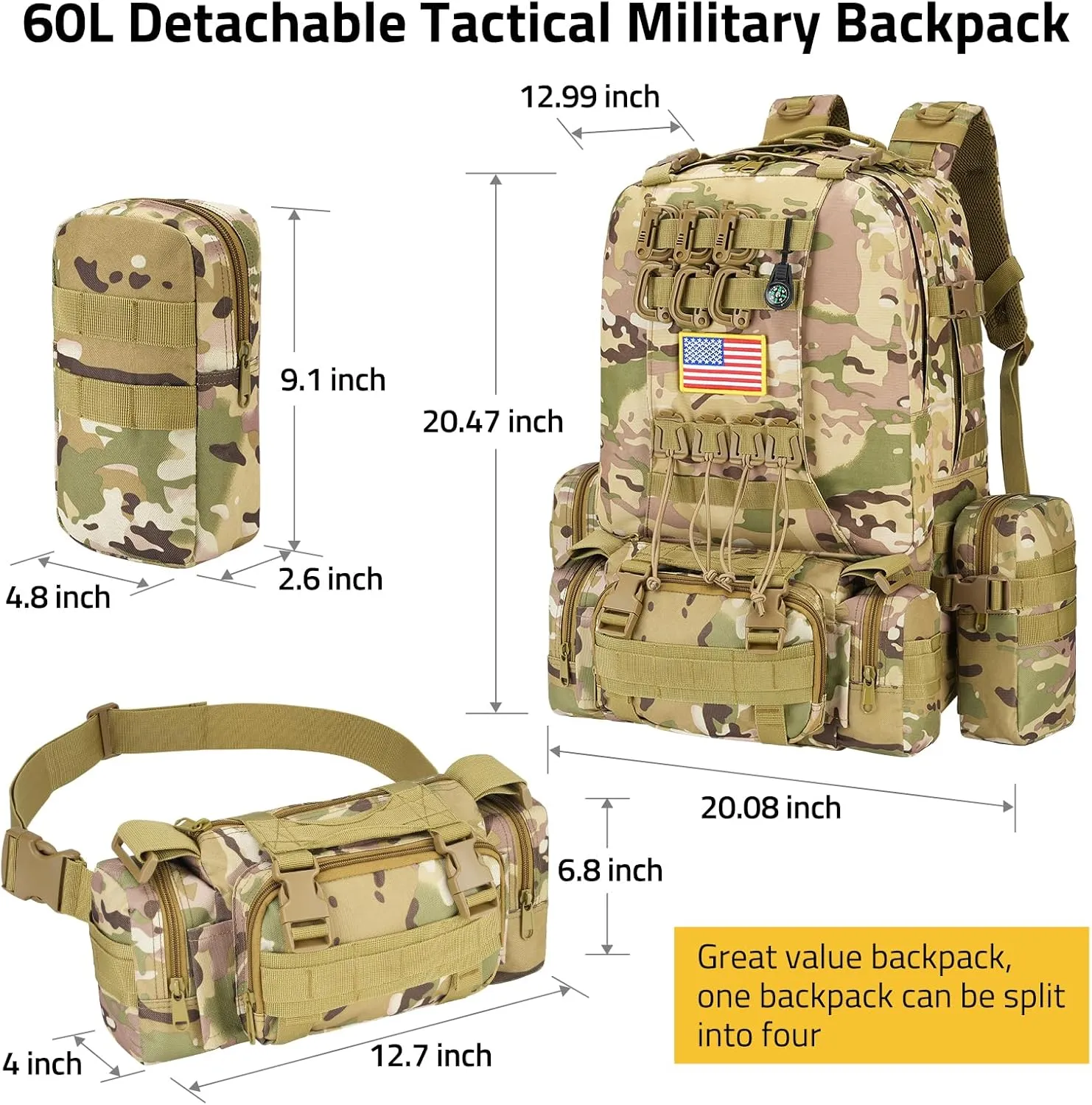 CVLIFE 60L Tactical Backpack for Men Women Military Large Army Rucksack With D-Ring Molle Clips Compass Accessories 3 Day Bug Out Survival Molle Bag Hiking Camping Gym Daypack Backpacks,CP