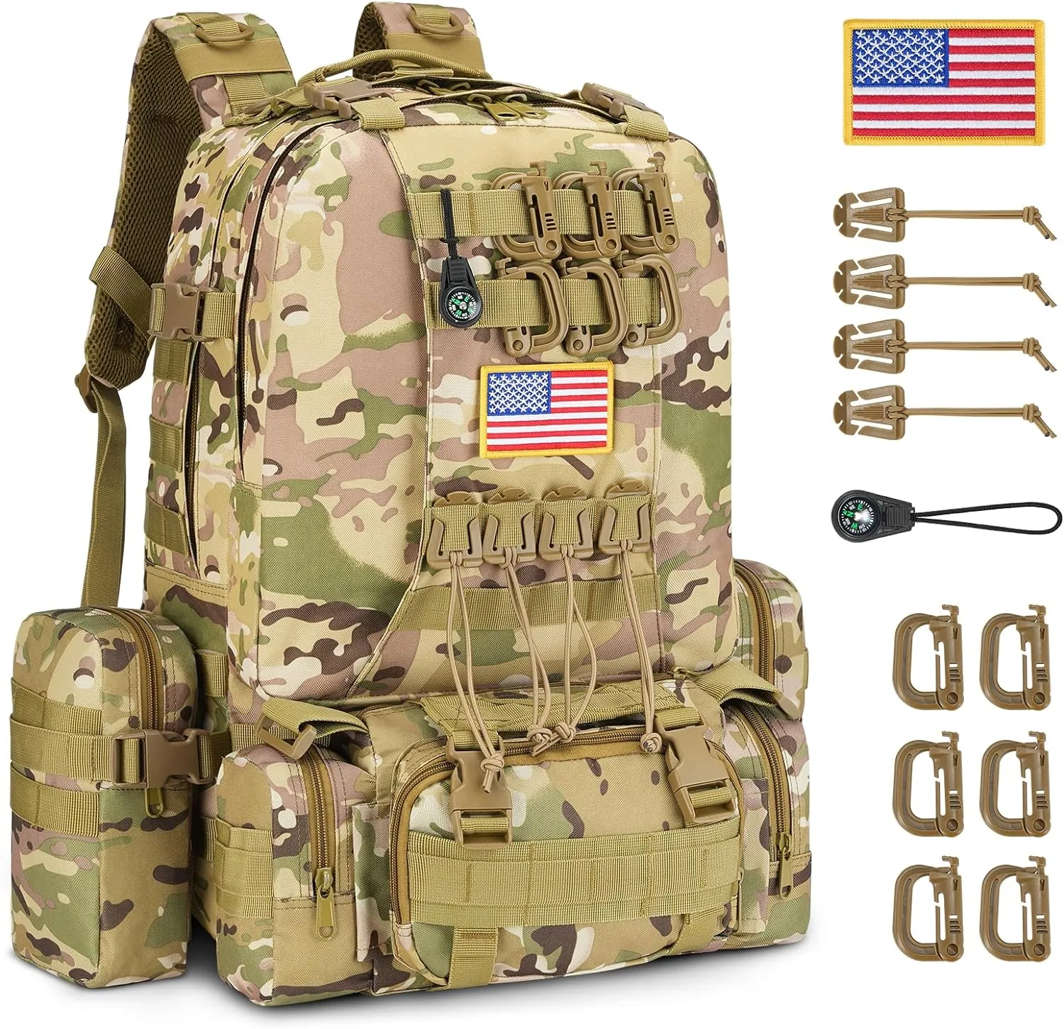 CVLIFE 60L Tactical Backpack for Men Women Military Large Army Rucksack With D-Ring Molle Clips Compass Accessories 3 Day Bug Out Survival Molle Bag Hiking Camping Gym Daypack Backpacks,CP