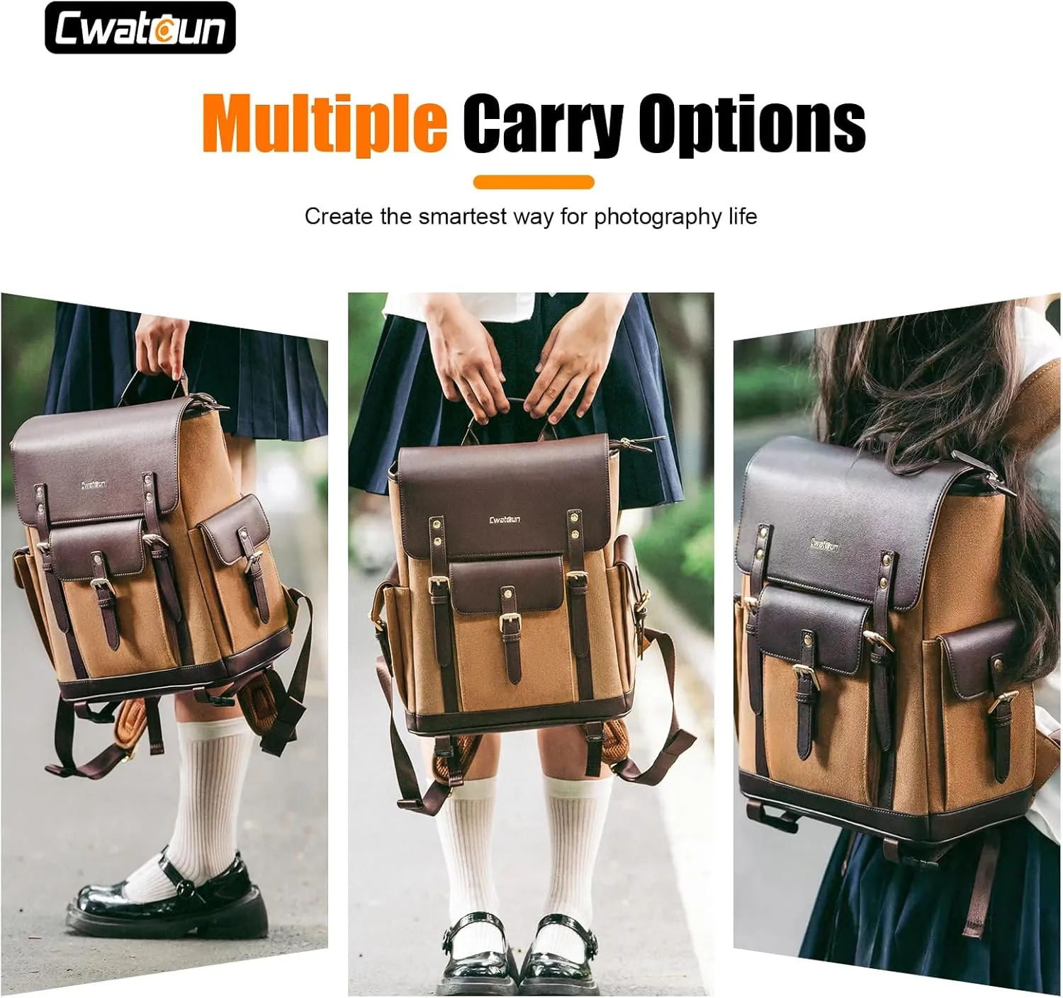 Cwatcun Camera Backpack, DSLR SLR Backpacks Camera Bag with 13”laptop sleeve compartment and Tripod Holder for Photographers -Vintage Canvas& leather Style-Upper and lower Compartment Design(Khaki)