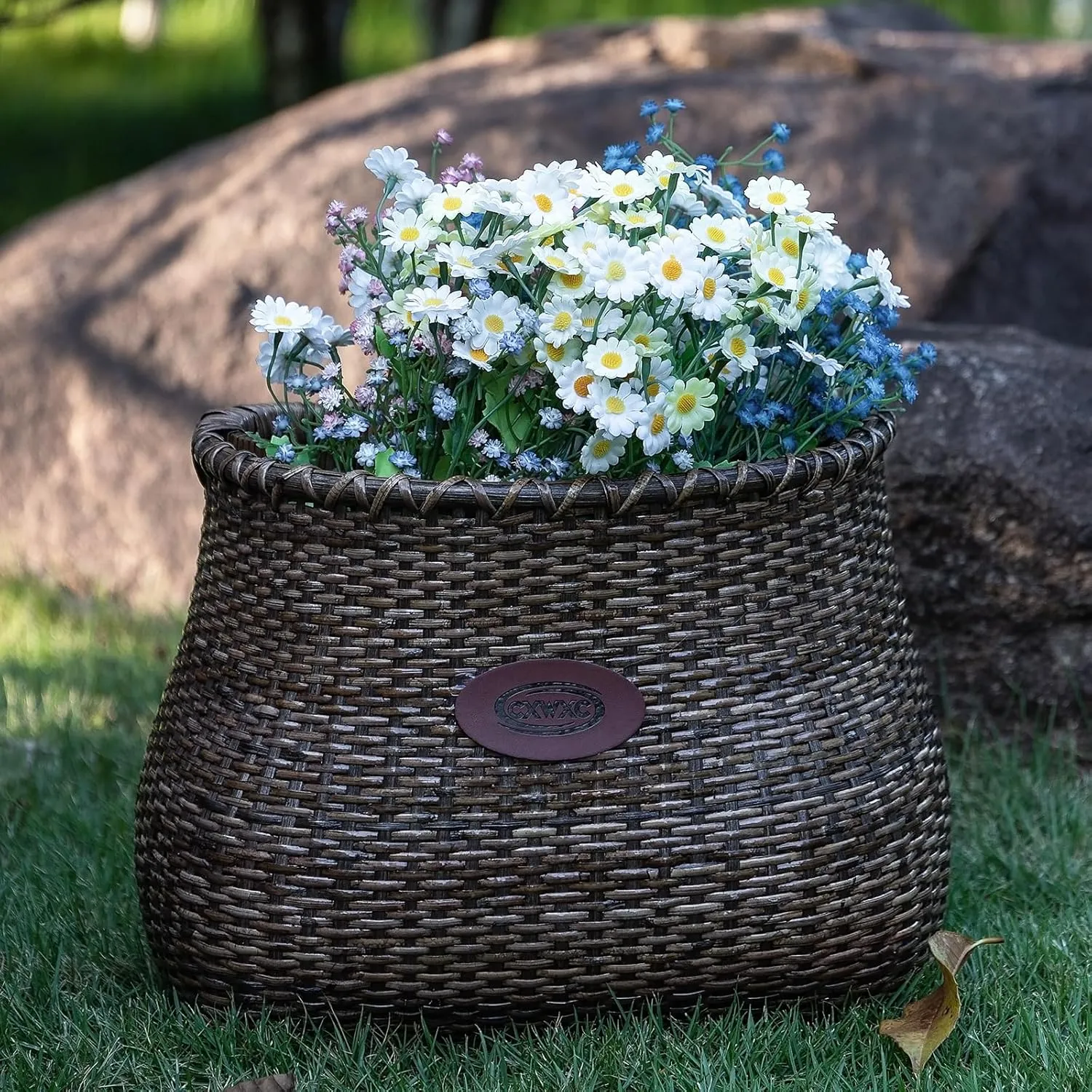 CXWXC Bike Basket - Handmade Rattan Bike Baskets for Girls Women - Front Bicycle Bike Basket with Coffee Cup Holder for Beach Cruiser, Scooter, Ebike