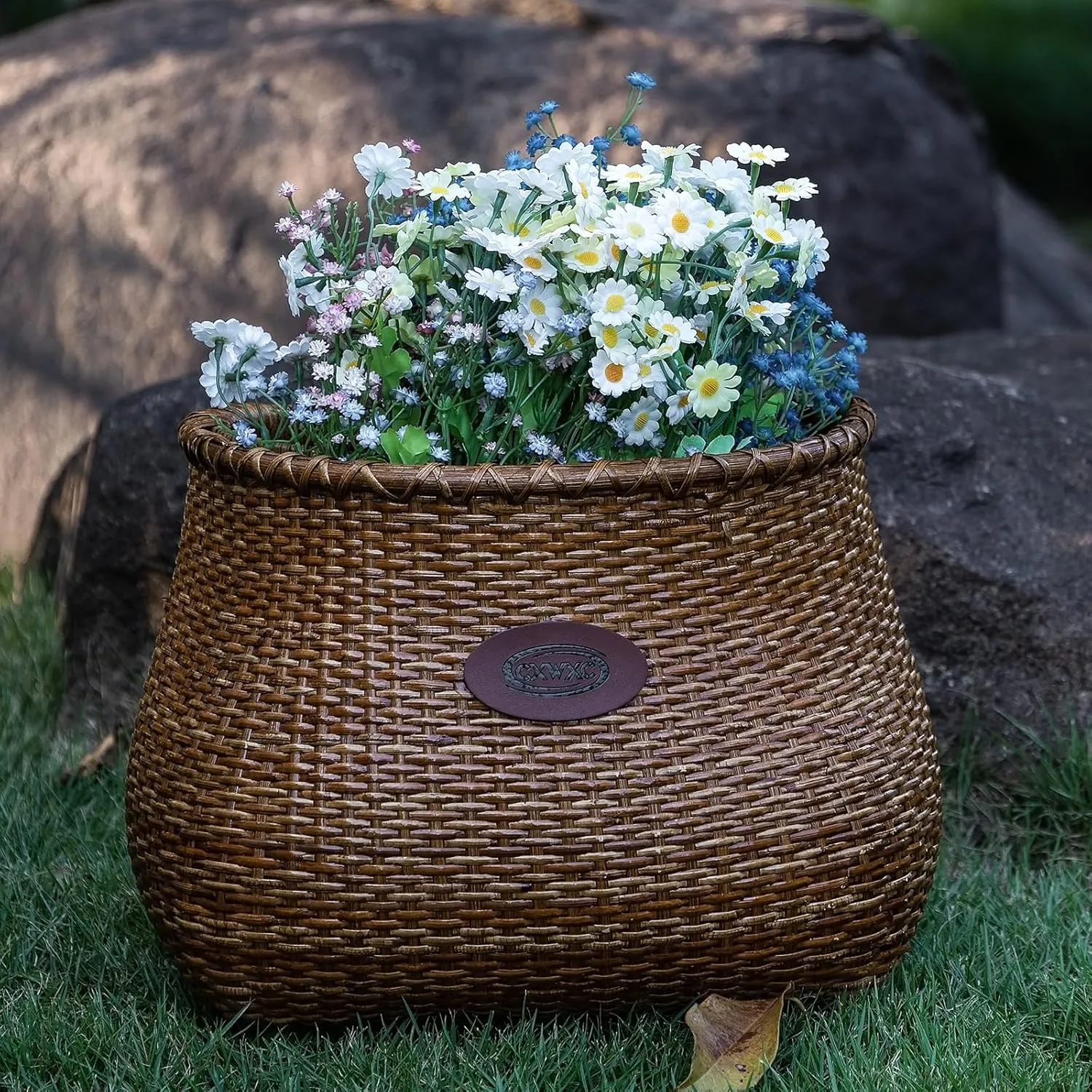 CXWXC Bike Basket - Handmade Rattan Bike Baskets for Girls Women - Front Bicycle Bike Basket with Coffee Cup Holder for Beach Cruiser, Scooter, Ebike