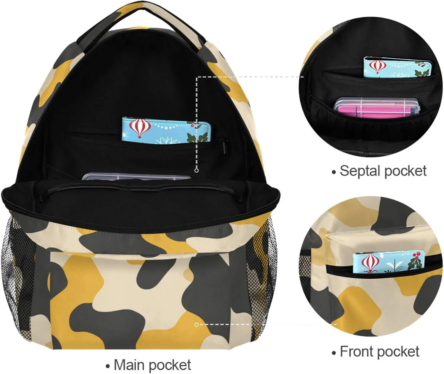 Day Backpack for Teens Boys Girls Waterproof Stylish Travel Bags with Chest Strap for Travel Trip Camouflage Yellow Camouflage Beige