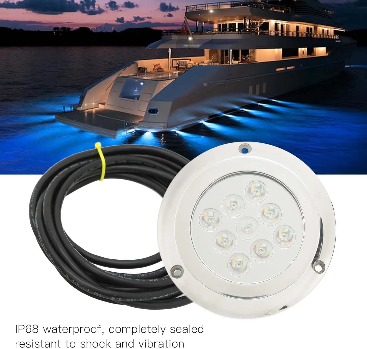 DC 12V‑24V Marine Underwater Light, Marine Dome Lighting, Yacht Underwater Light Tempered Glass IP68 Waterproof for Swimming Pool Marine Yacht Accessories (Blue Light)