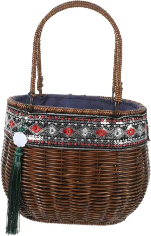 DECHOUS Handheld Woven Rattan Basket Retro Handbag Stylish Picnic Decorative Craftsmanship Large Capacity